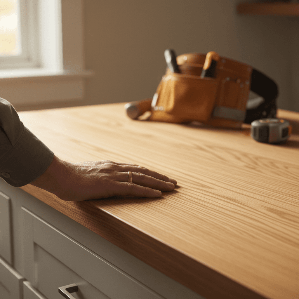 Homeowner touching newly finished wooden kitchen countertop