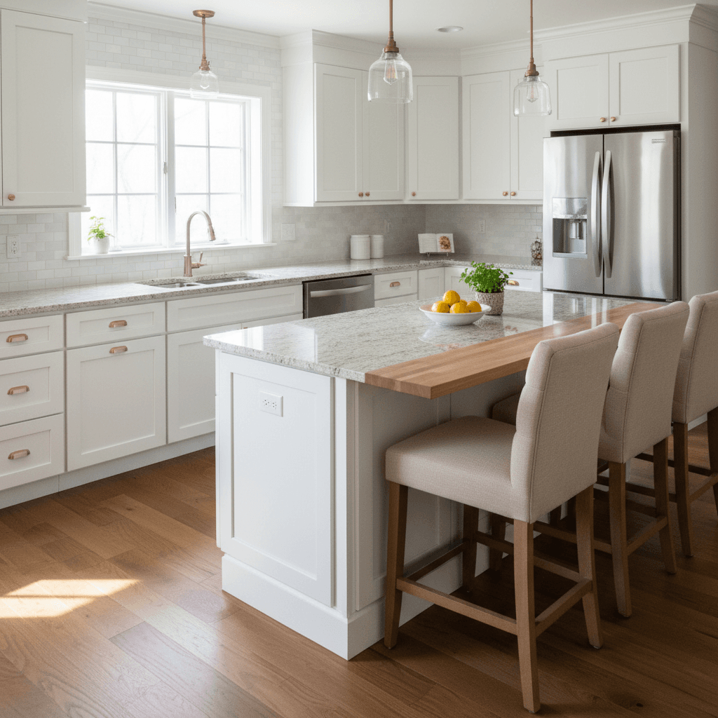Modern kitchen remodel with custom cabinetry and granite counters