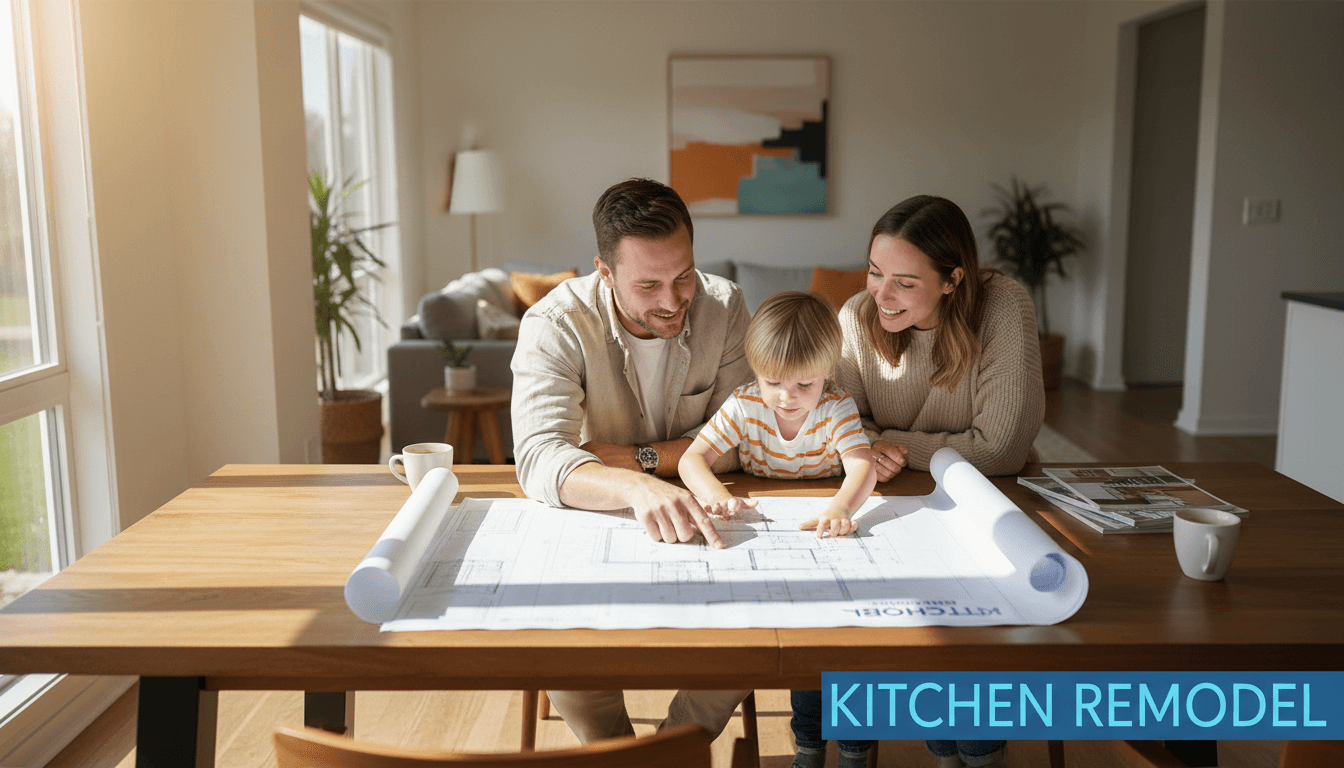 Family reviewing home renovation plans together at table