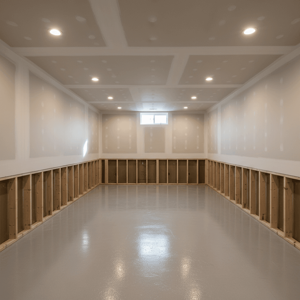 Finished basement renovation with professional drywall and lighting