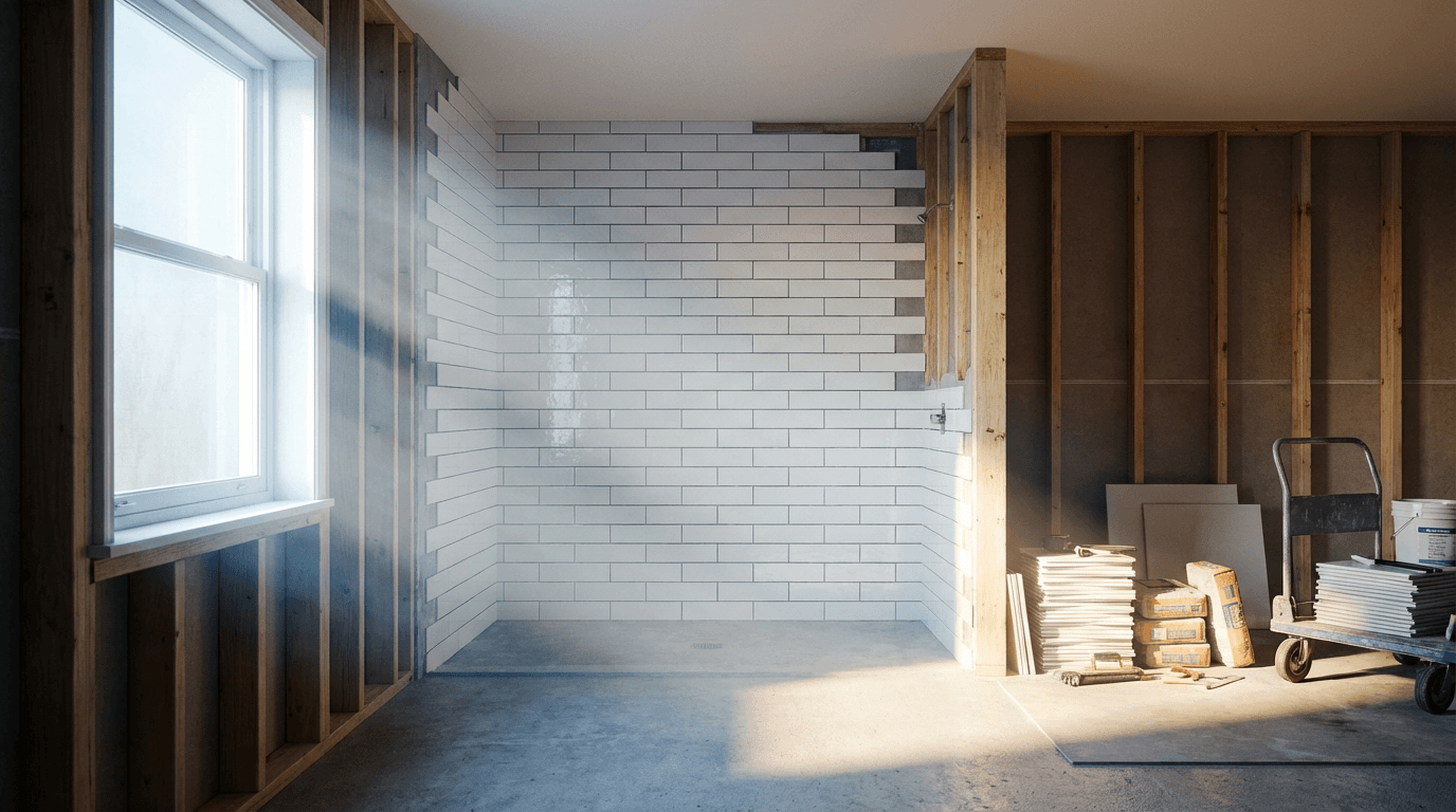 Completed bathroom renovation showing tile work and fixtures