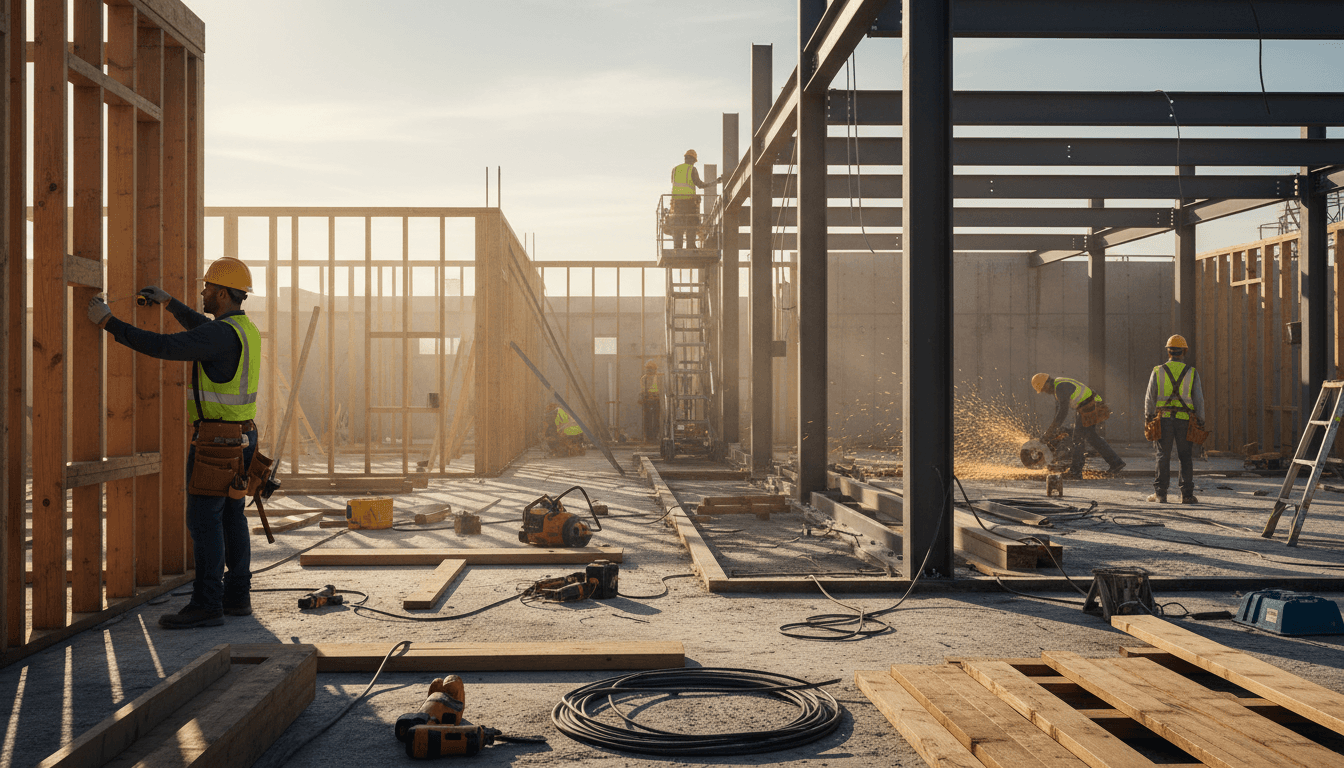 Skilled construction workers in safety gear actively building wooden framing on bustling site during golden afternoon light