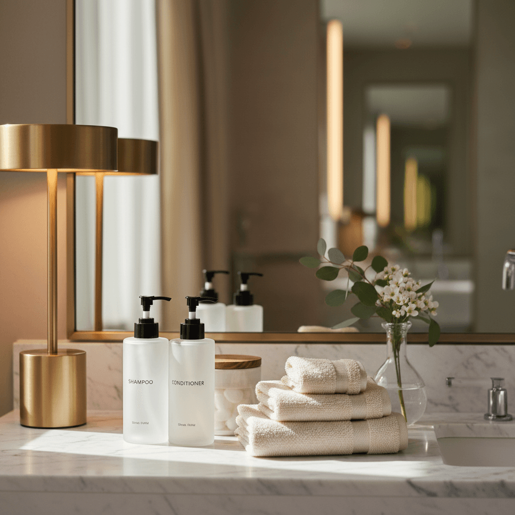 Luxury bathroom fixtures and marble countertop detail