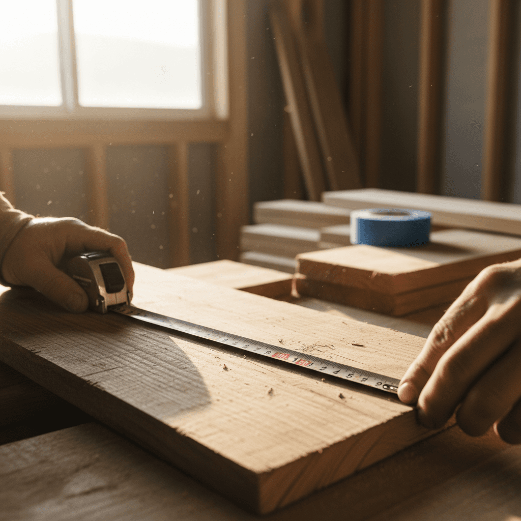 Carpenter measuring wood during home renovation