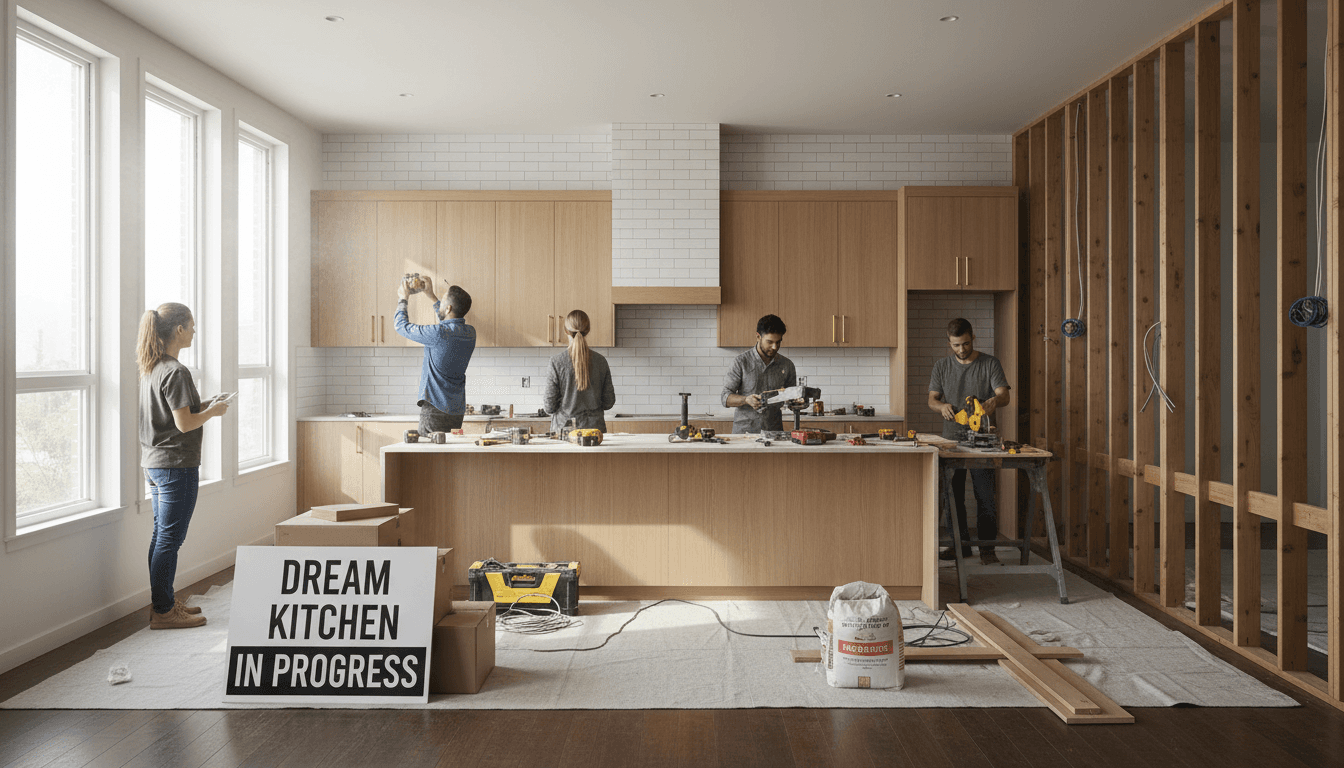 Majestic Builds contractor examining finished tile work in a newly renovated bathroom