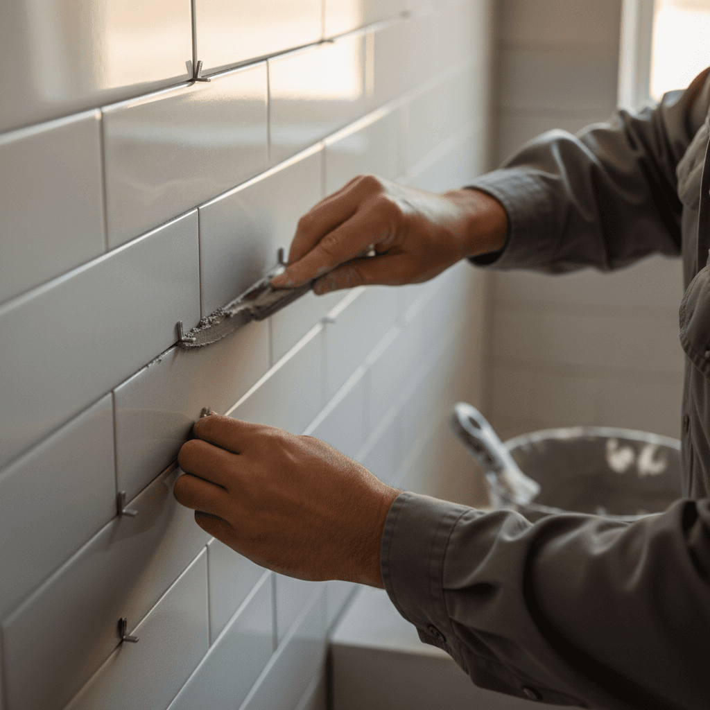 Close-up of skilled tile work installation in bathroom renovation