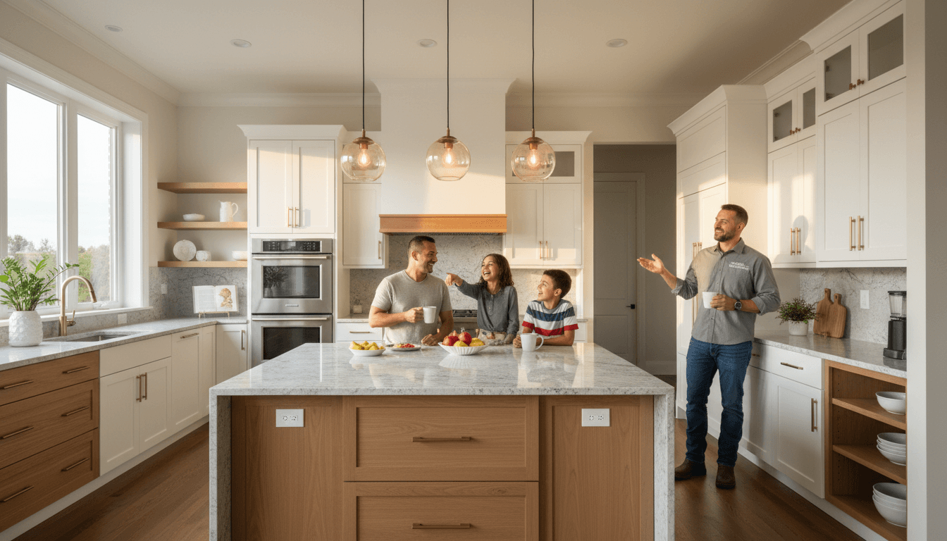 Homeowner admiring newly renovated kitchen with custom cabinetry and professional finishes