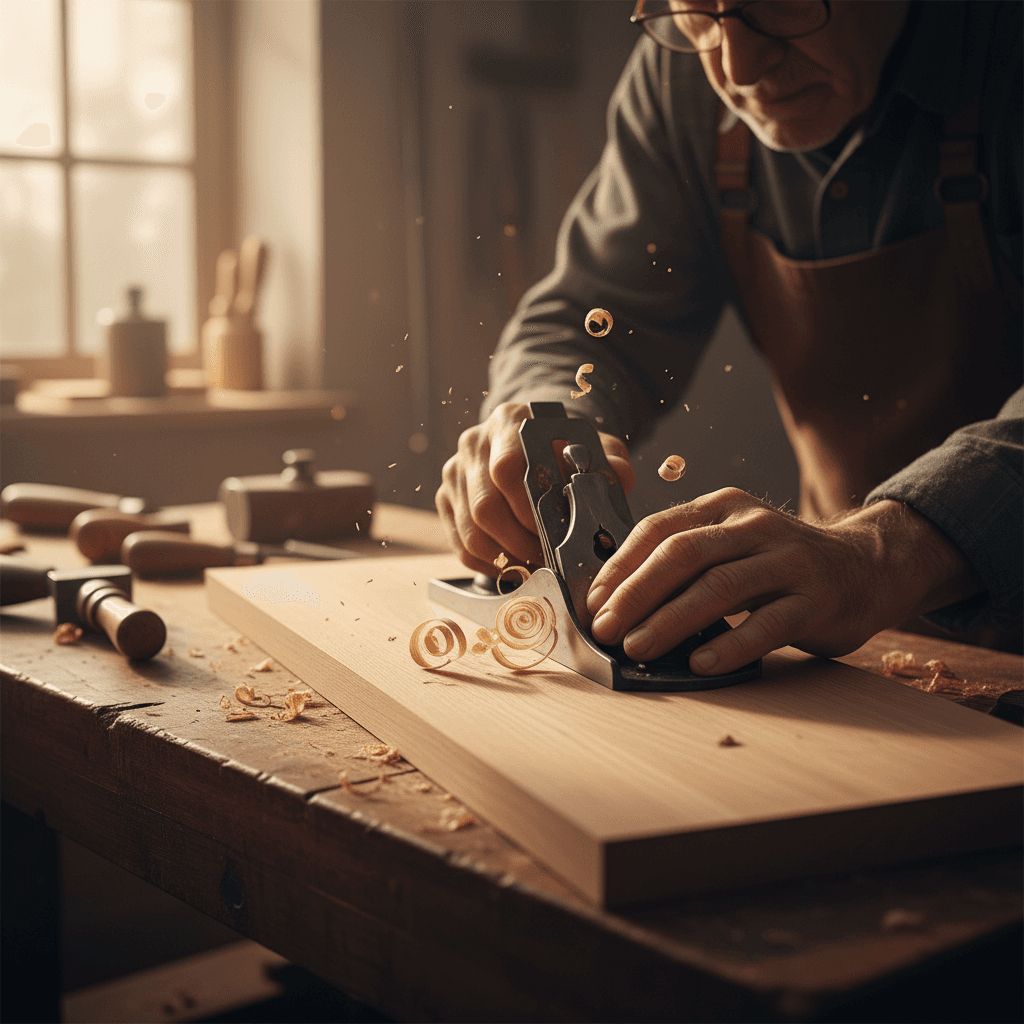 Contractor reviewing renovation blueprints on wooden surface