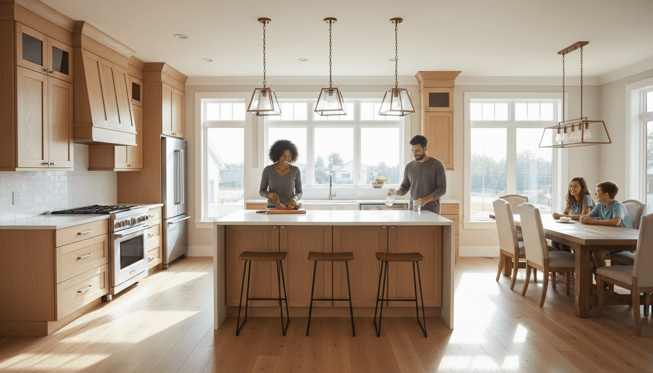 Homeowner admiring newly renovated kitchen with custom cabinetry and modern finishes