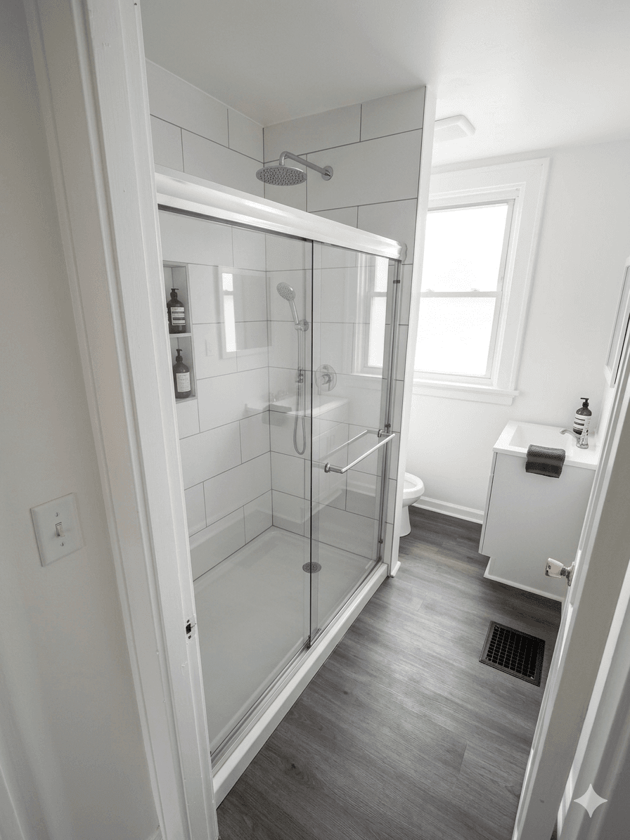 Modern bathroom with a glass shower, white subway tiles, and dark wood-look flooring.